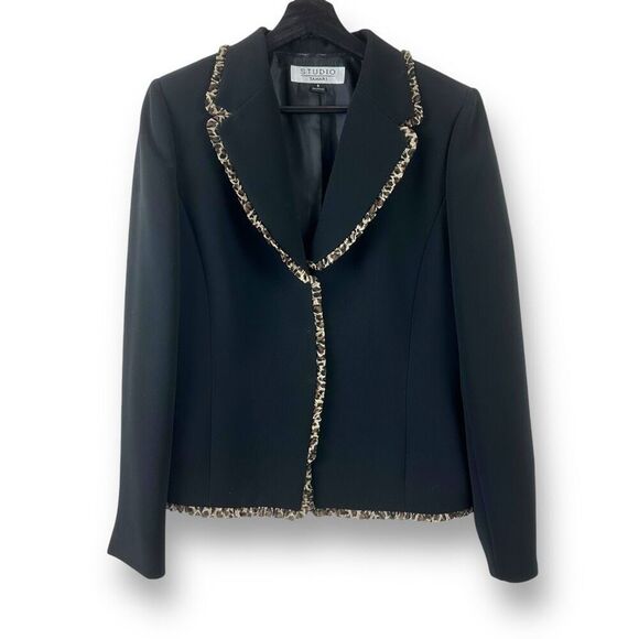 Studio Tahari Women's 8 Cheetah Print Trim Black Blazer Jacket Elevated Basic - Picture 1 of 10